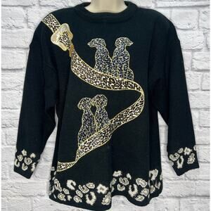 Vintage Maurada Womens Sweater Long Sleeve Size L Black Dogs Leopard Cheetah